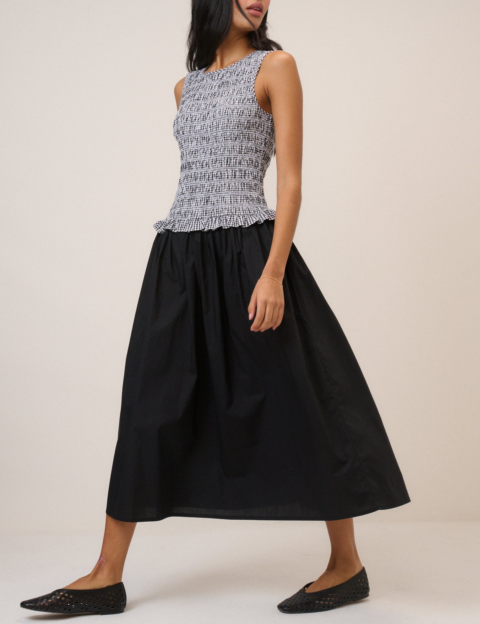 Gingham Shirred Bodice Drina Midi Dress