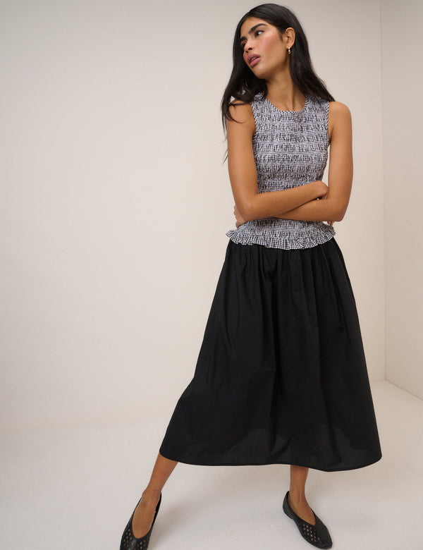 Gingham Shirred Bodice Drina Midi Dress