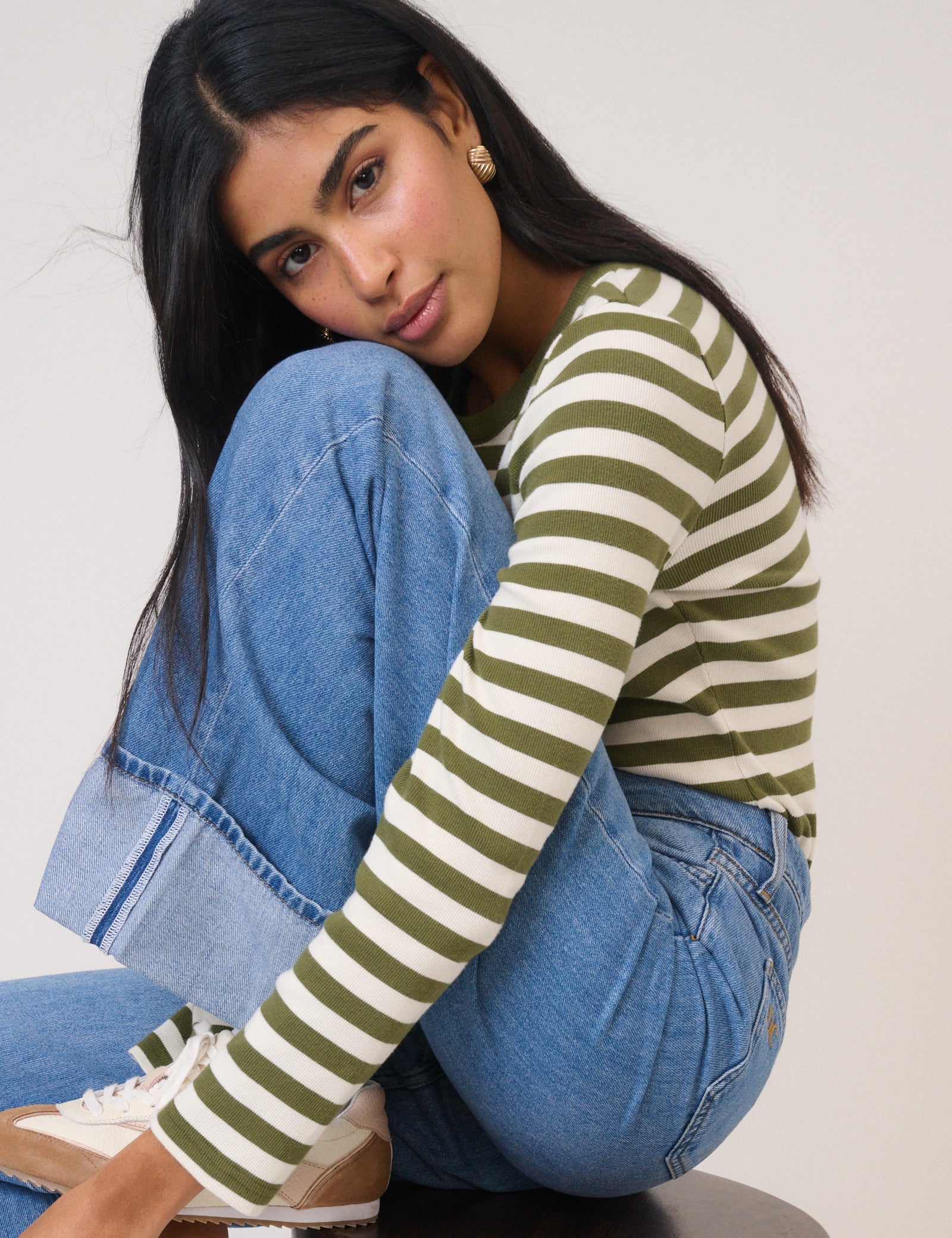 Green Striped Ribbed Jersey Top