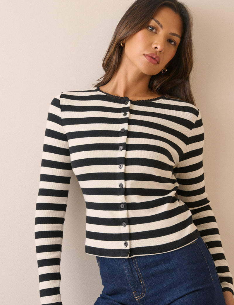 Black and White Stripe Ribbed Cardigan