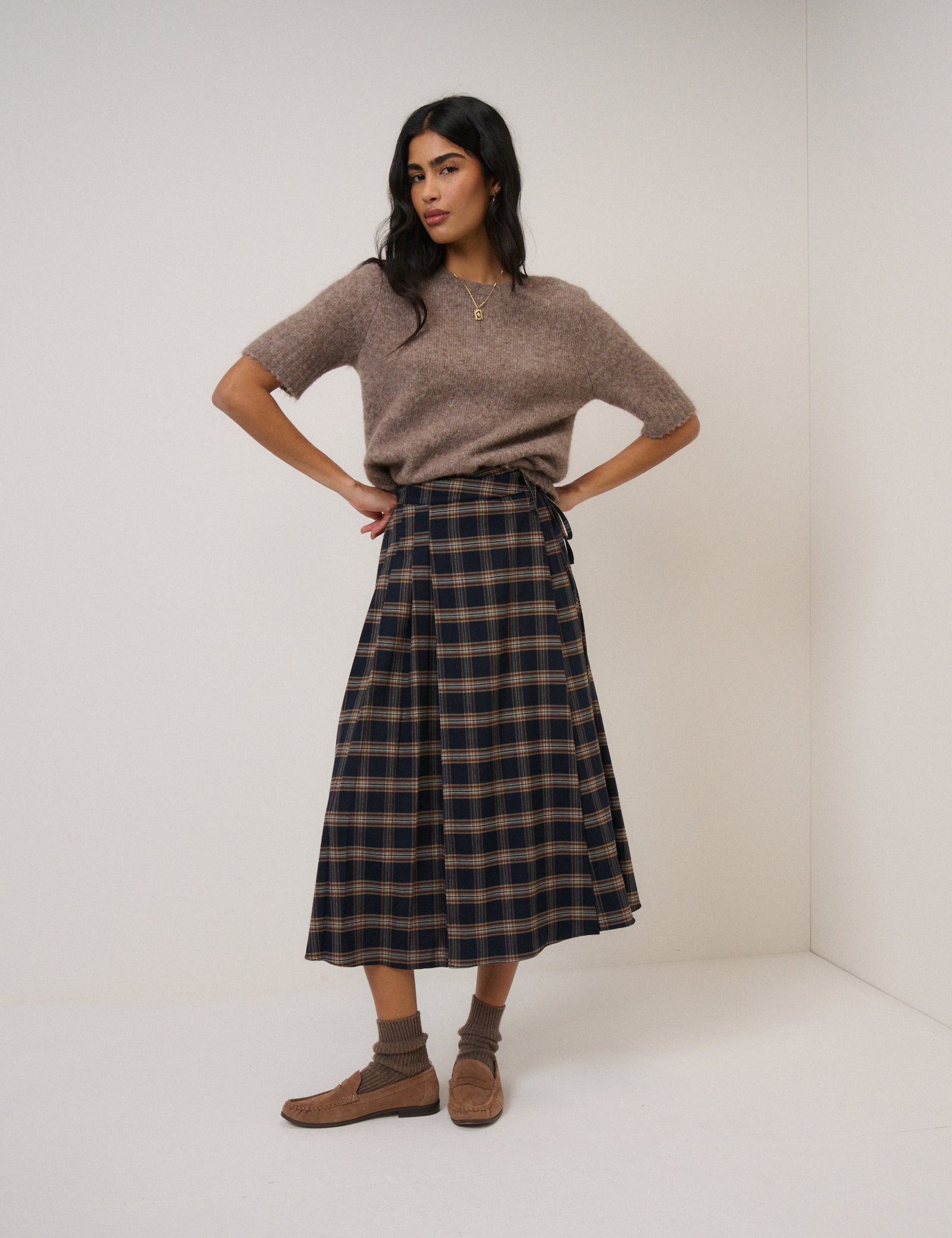 Navy Check Tailored Kilt Midi Skirt