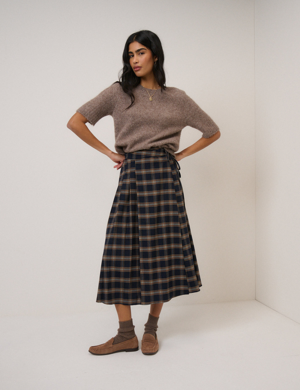 Navy Check Tailored Kilt Midi Skirt