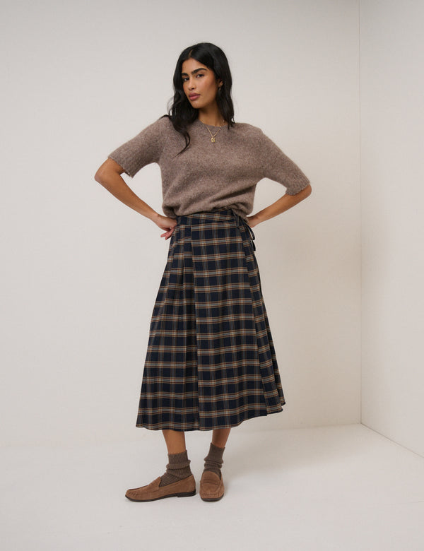 Navy Check Tailored Kilt Midi Skirt