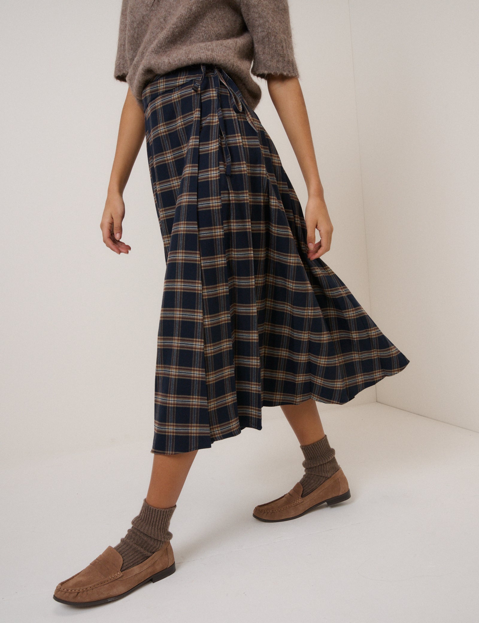 Navy Check Tailored Kilt Midi Skirt