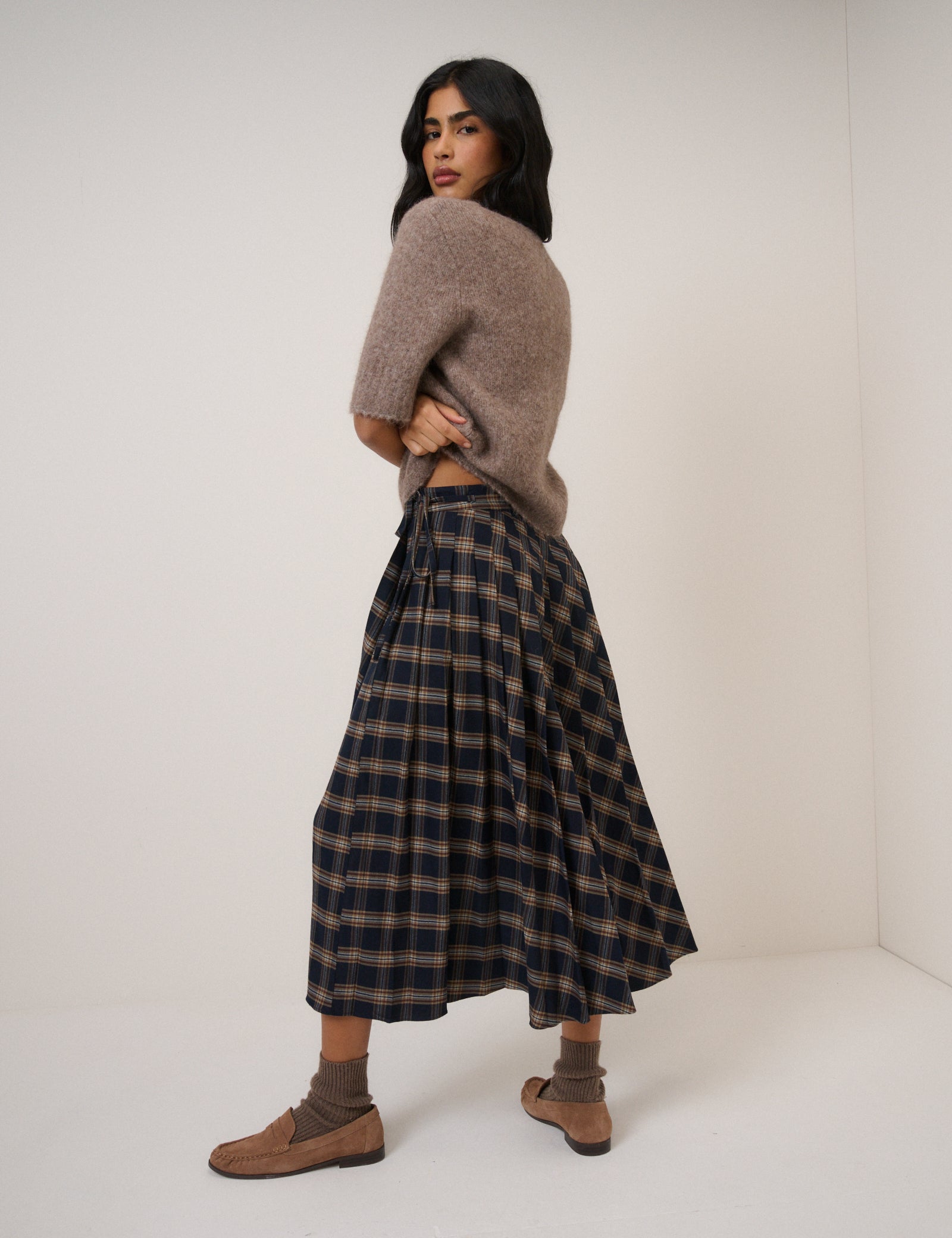 Navy Check Tailored Kilt Midi Skirt