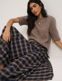 Navy Check Tailored Kilt Midi Skirt