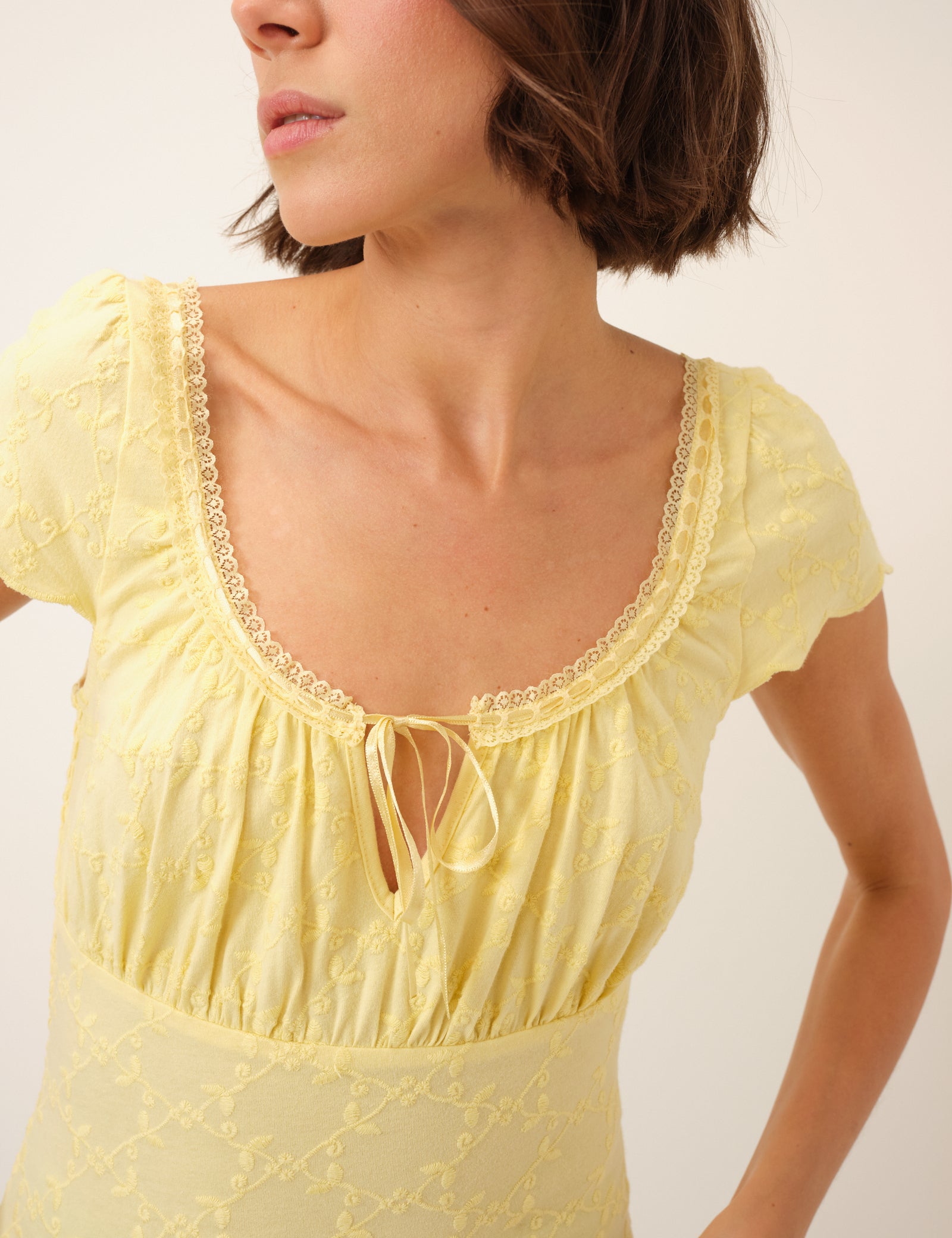 Yellow Broderie Milkmaid Scoop Neck Jersey Top Yellow Broderie Milkmaid Scoop Neck Jersey Top