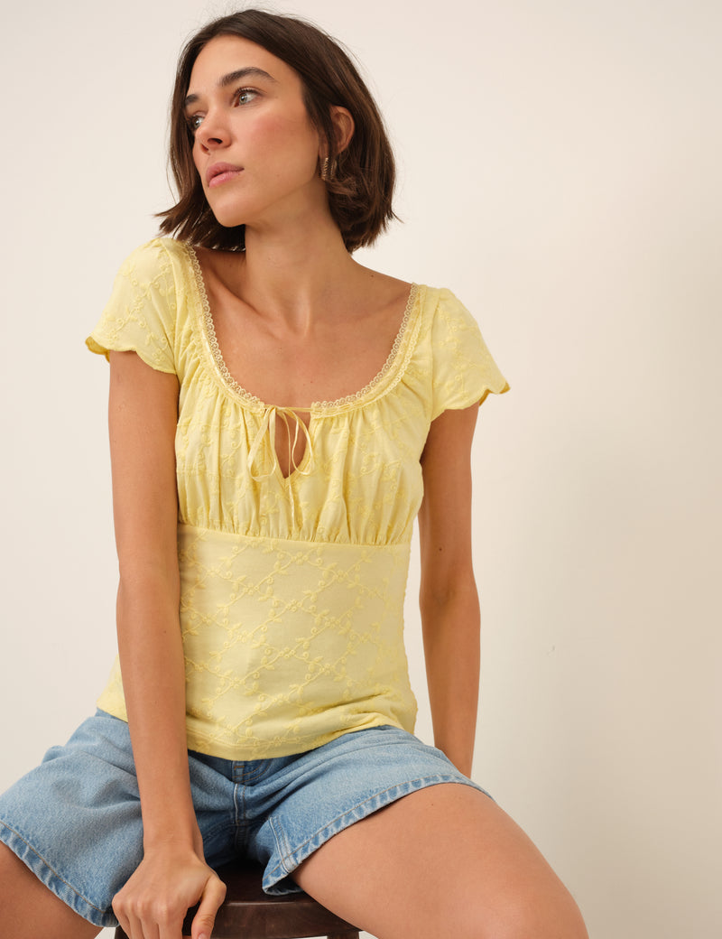 Yellow Broderie Milkmaid Jersey Top