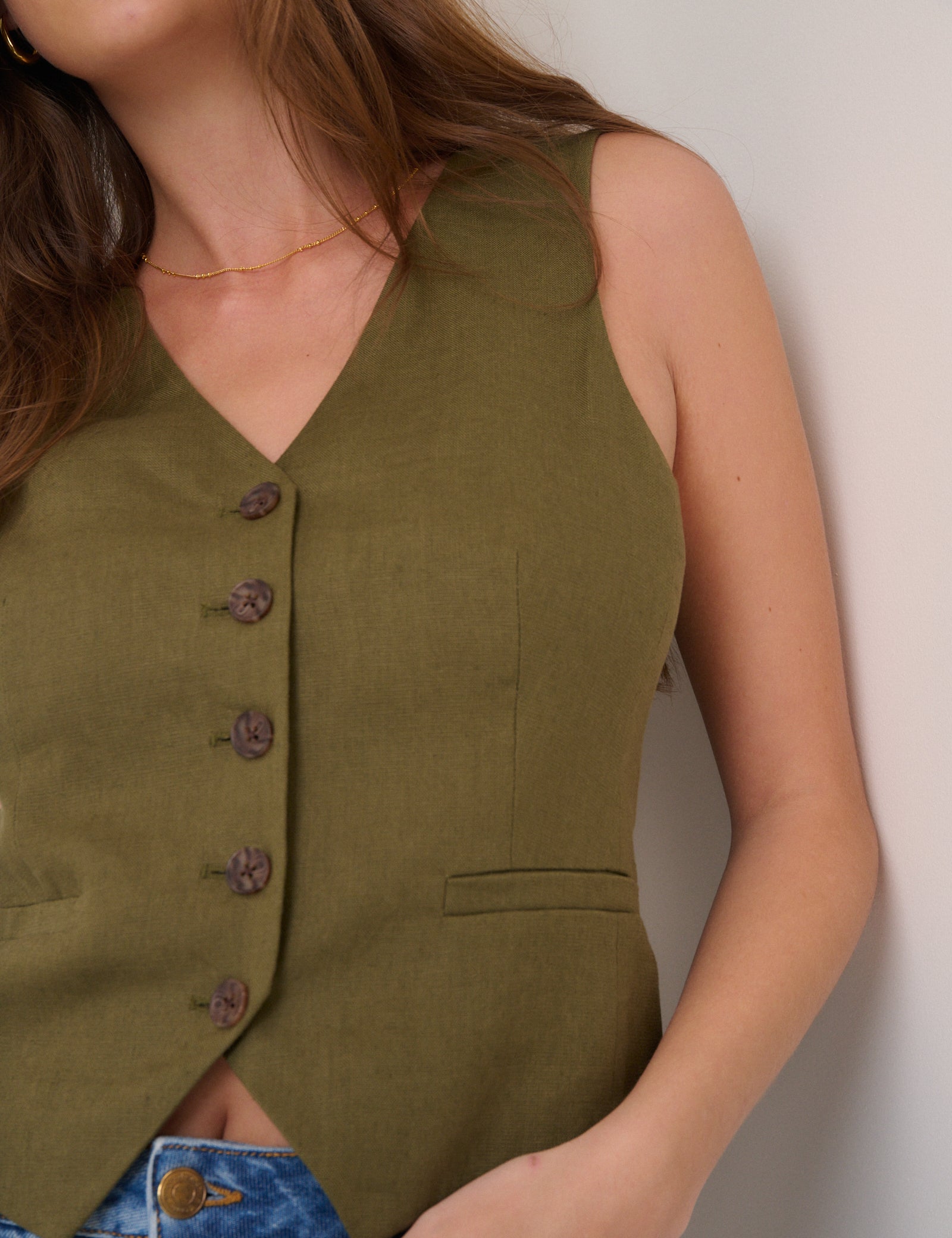 Khaki V-Neck Linen-Blend Waistcoat