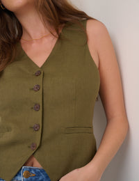 Khaki V-Neck Linen-Blend Waistcoat