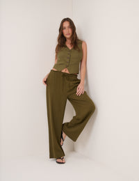 Khaki V-Neck Linen-Blend Waistcoat