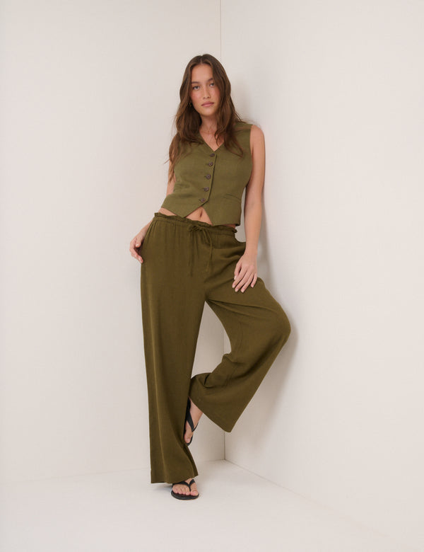 Khaki V-Neck Linen-Blend Waistcoat