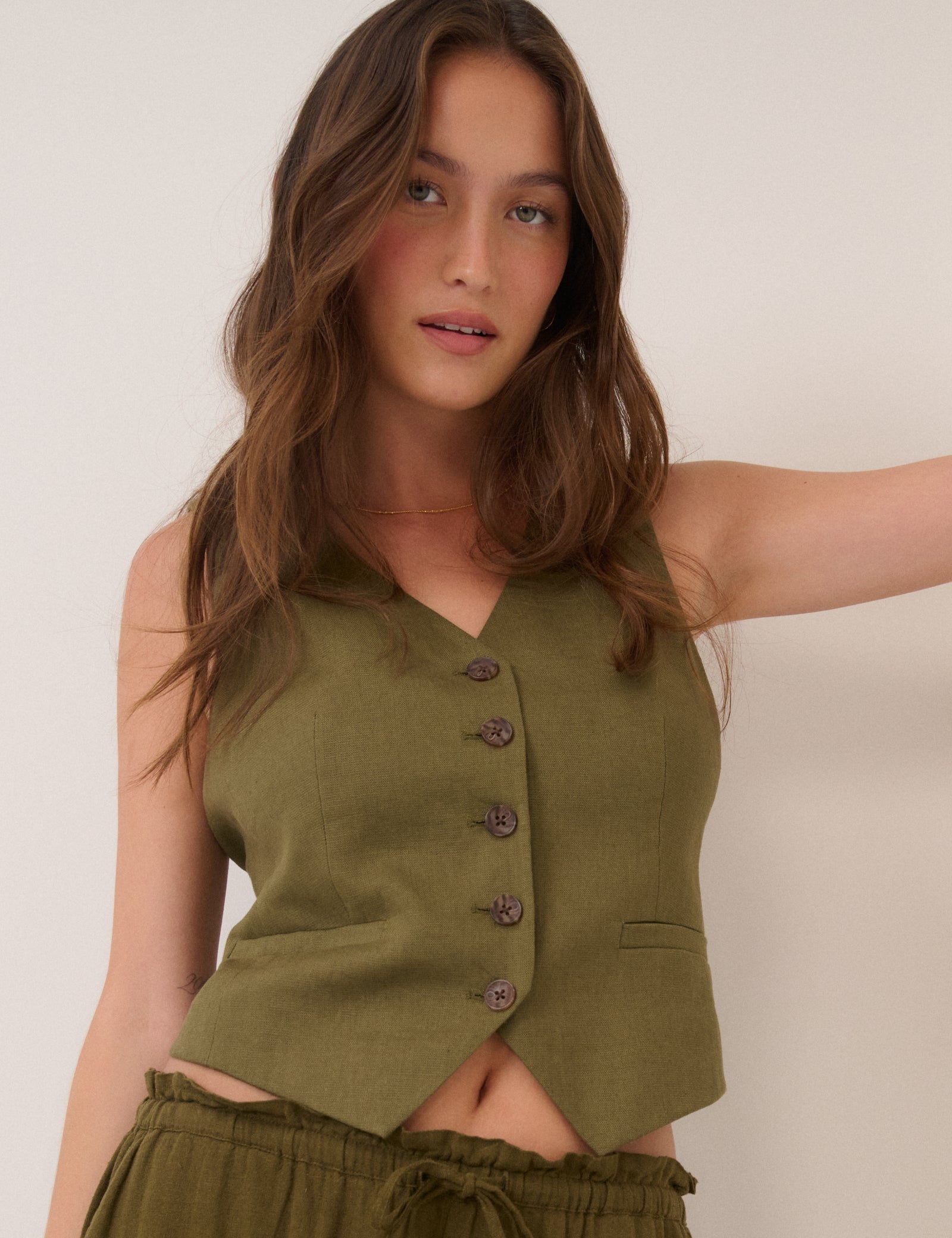 Khaki V-Neck Linen-Blend Waistcoat