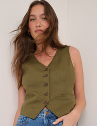 Khaki V-Neck Linen-Blend Waistcoat