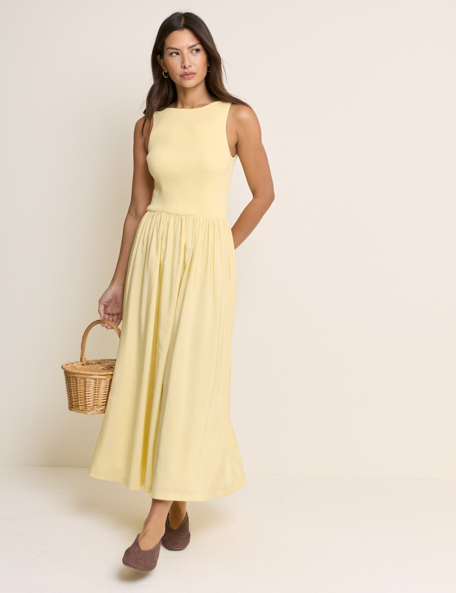 Yellow Ribbed Boat Neck Knitted Dress