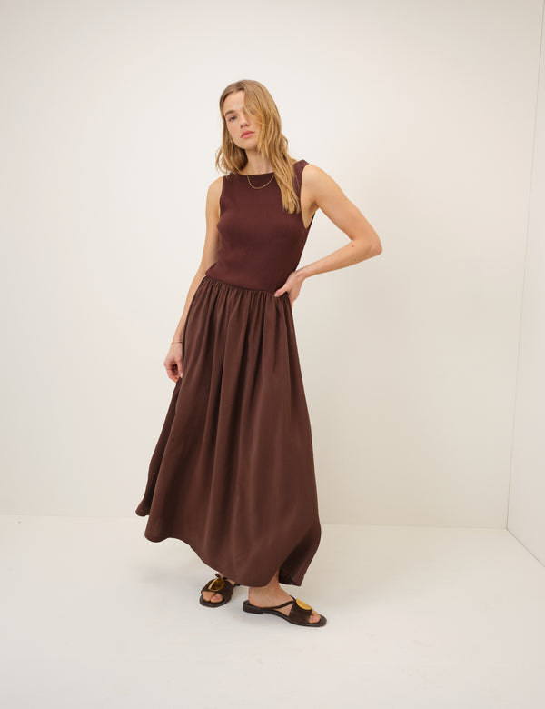 Brown Slash Neck Knitted Bodice Dress