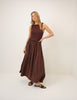 Brown Slash Neck Knitted Bodice Dress