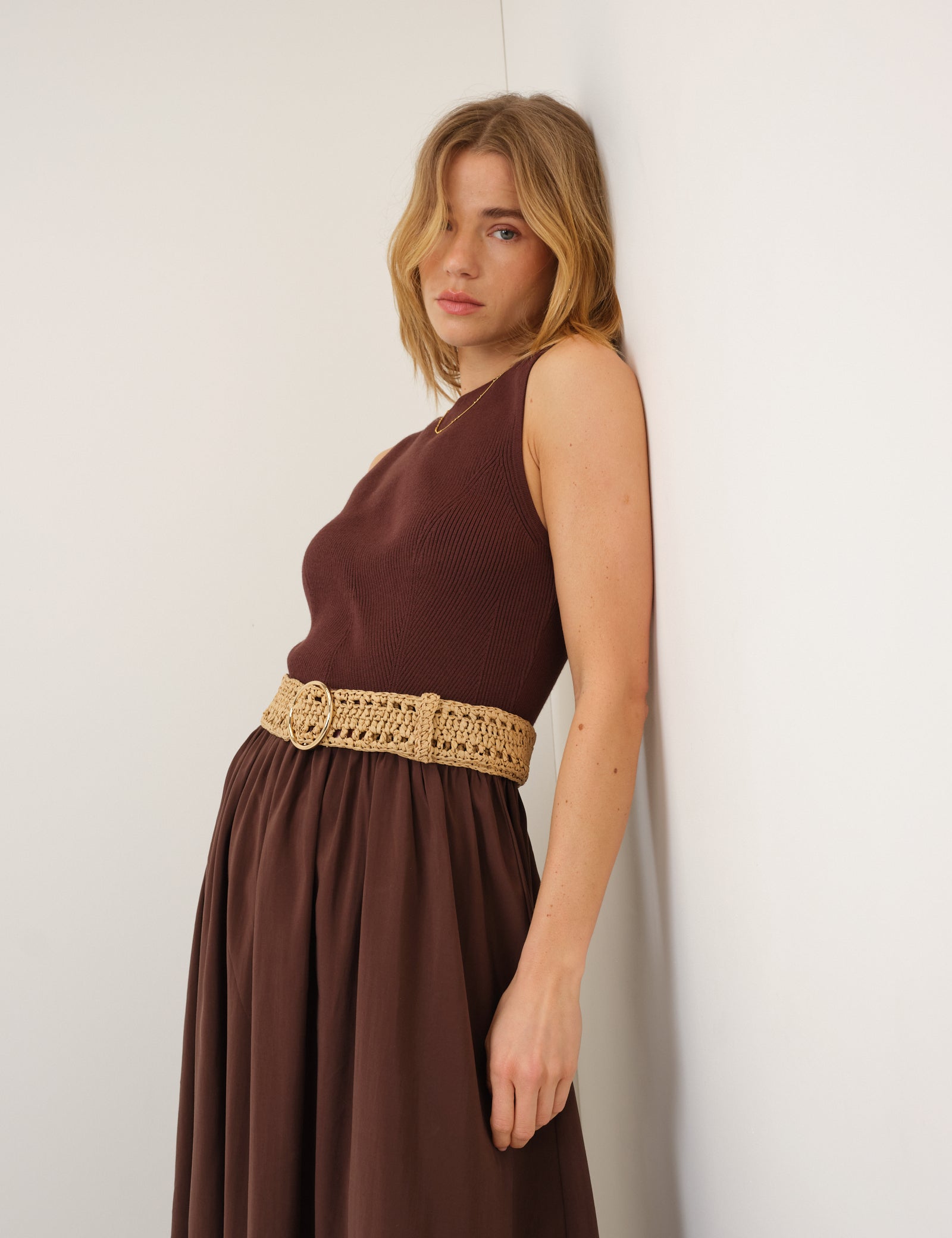 Brown Slash Neck Knitted Bodice Dress