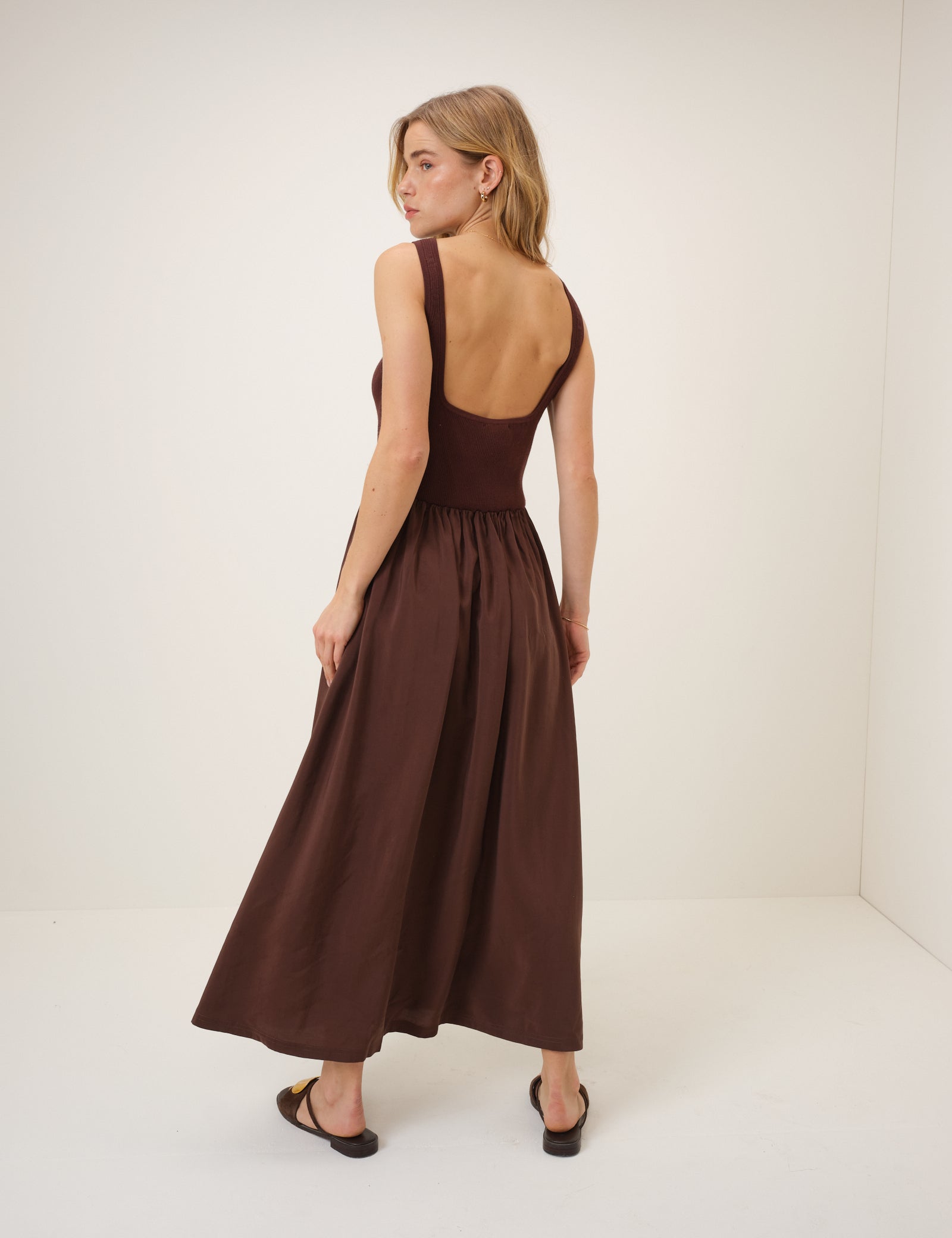 Brown Slash Neck Knitted Bodice Dress