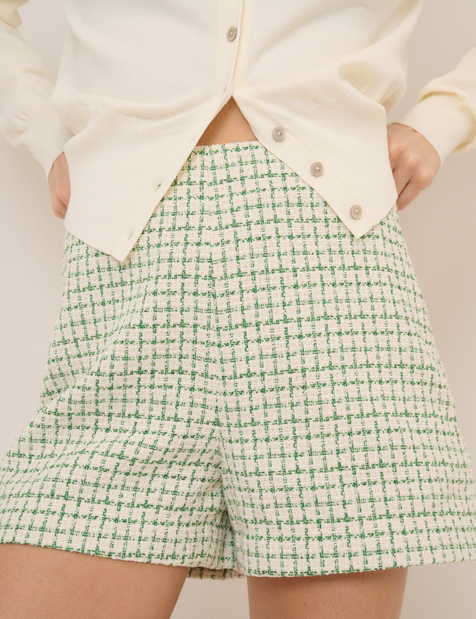 Green Check Boucle Tailored Shorts