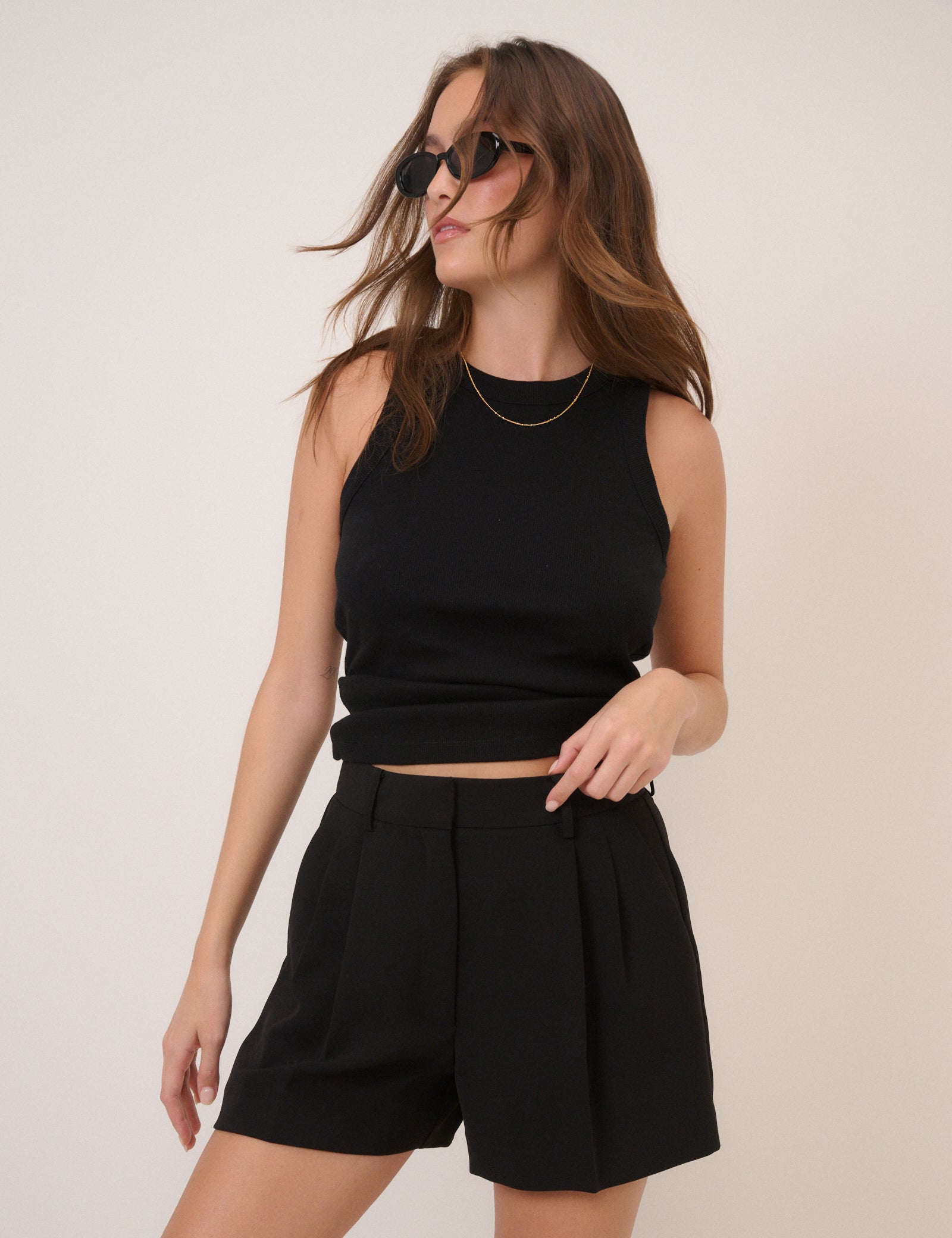 Black Pleated Tailored Shorts