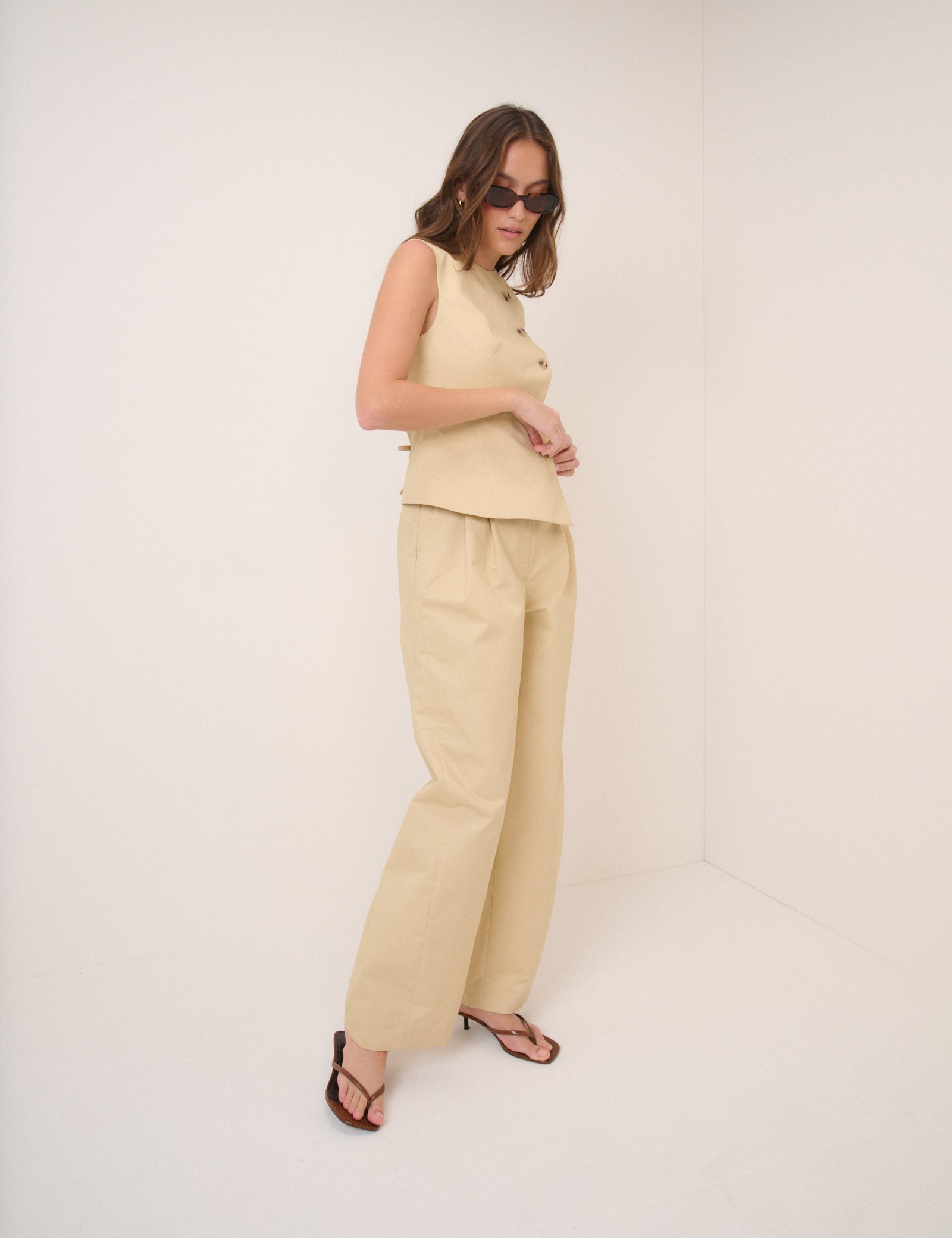 Beige Barrel Leg Tie Trousers