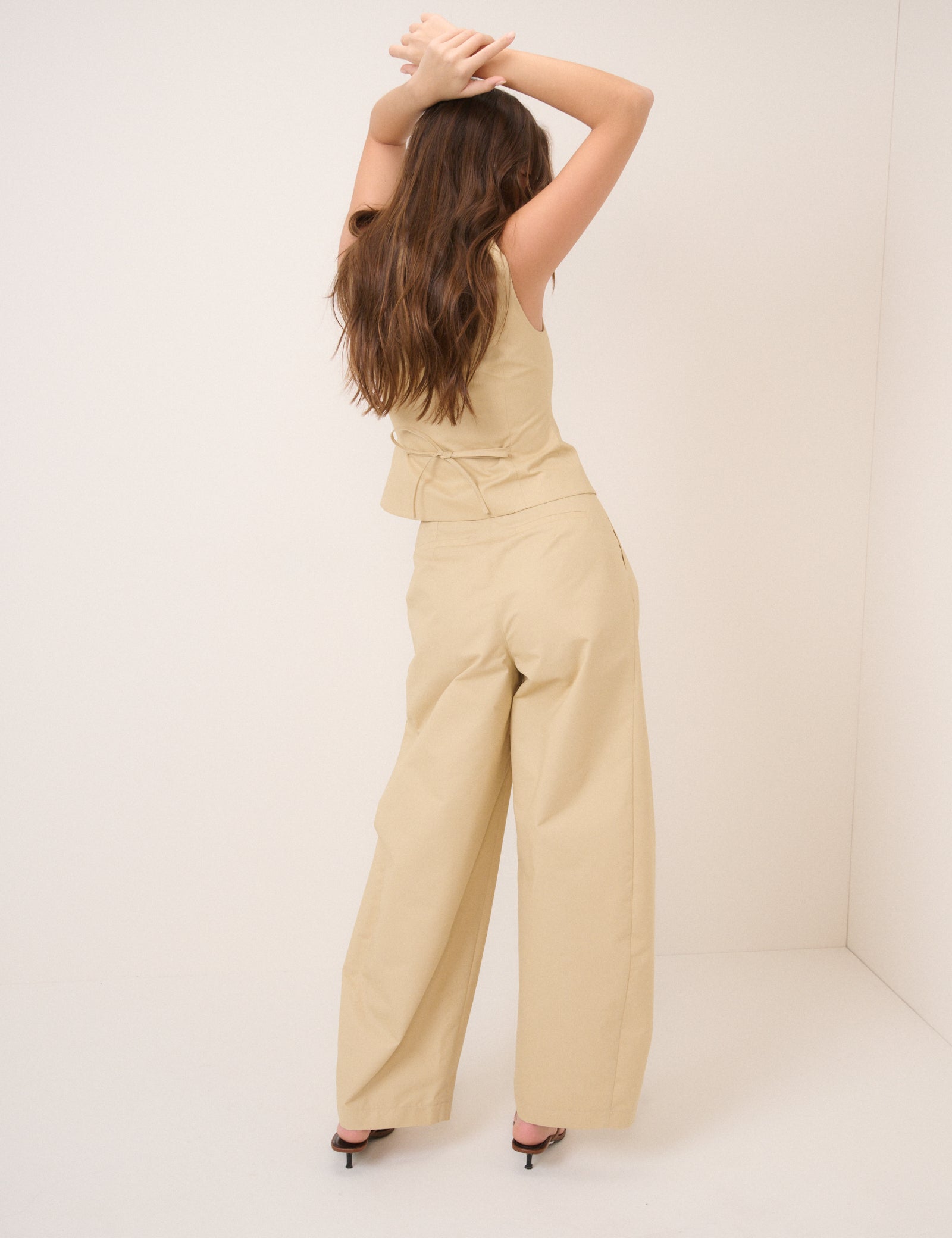 Beige Barrel Leg Tie Trousers