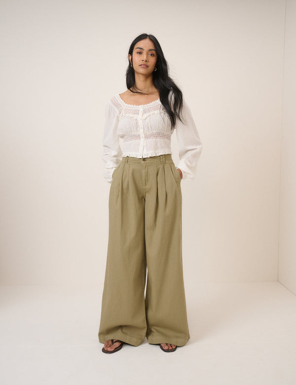 Green Denim Pleated Trousers