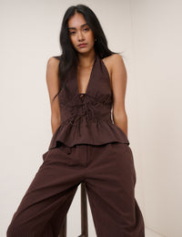 Brown Pinstripe Halterneck Top