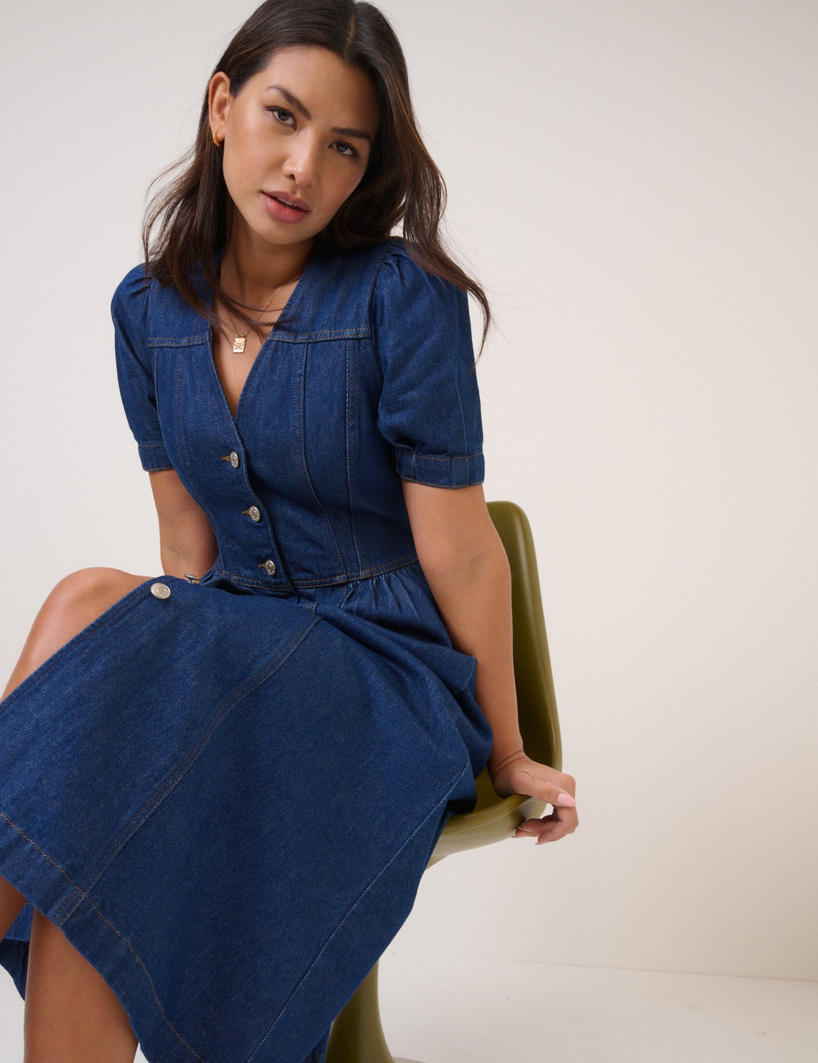 Blue Denim Puff Sleeve Sienna Midi Dress
