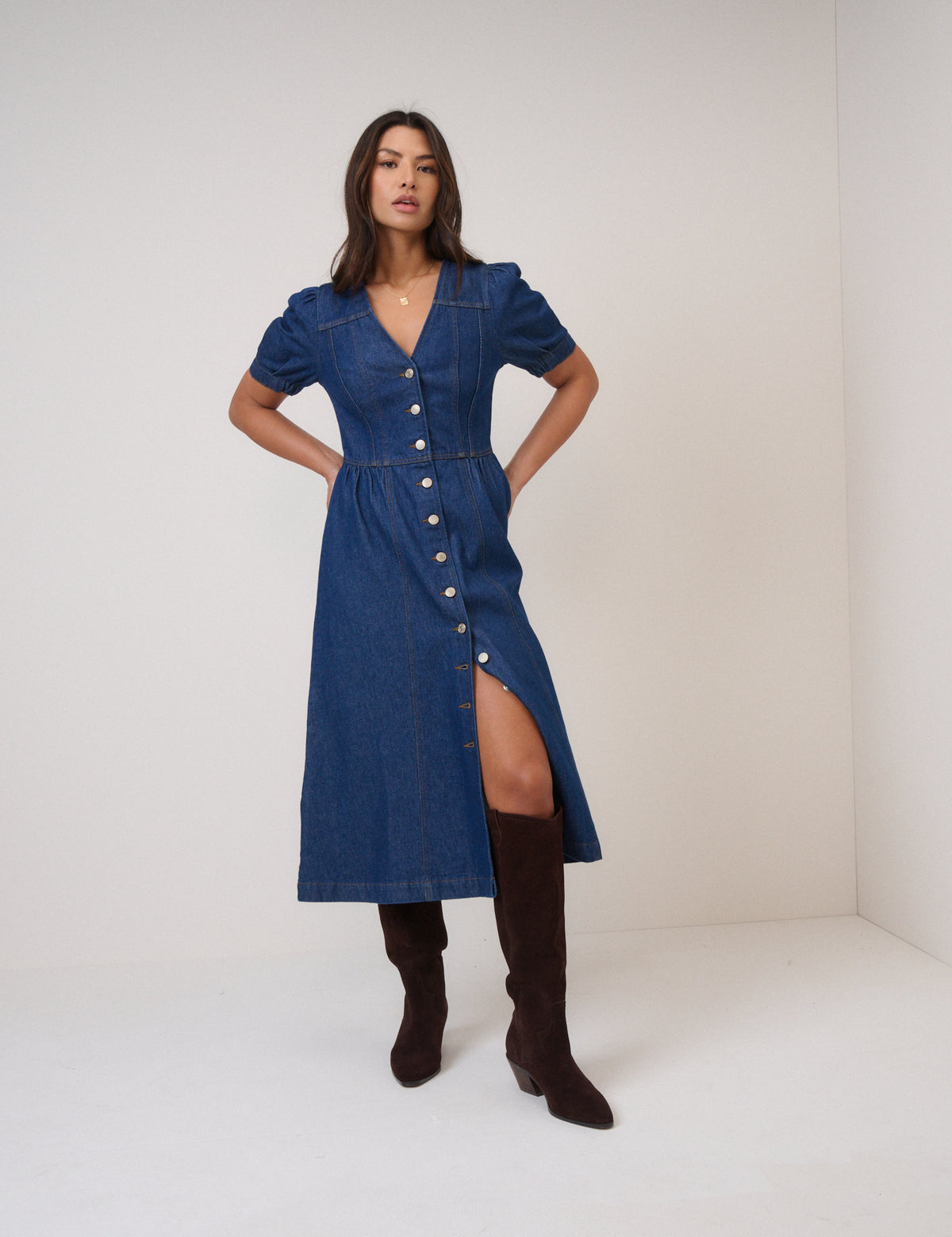 Blue Denim Puff Sleeve Sienna Midi Dress