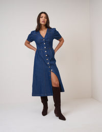 Blue Denim Puff Sleeve Sienna Midi Dress