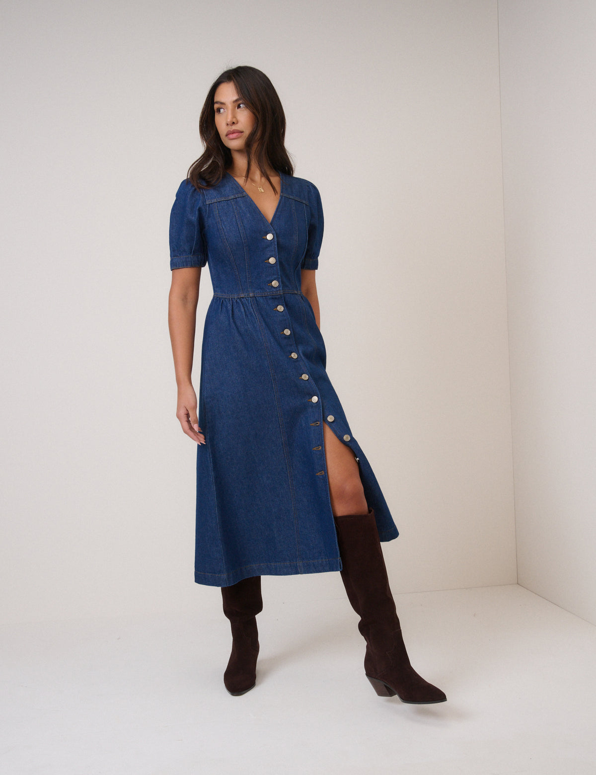 Blue Denim Puff Sleeve Sienna Midi Dress