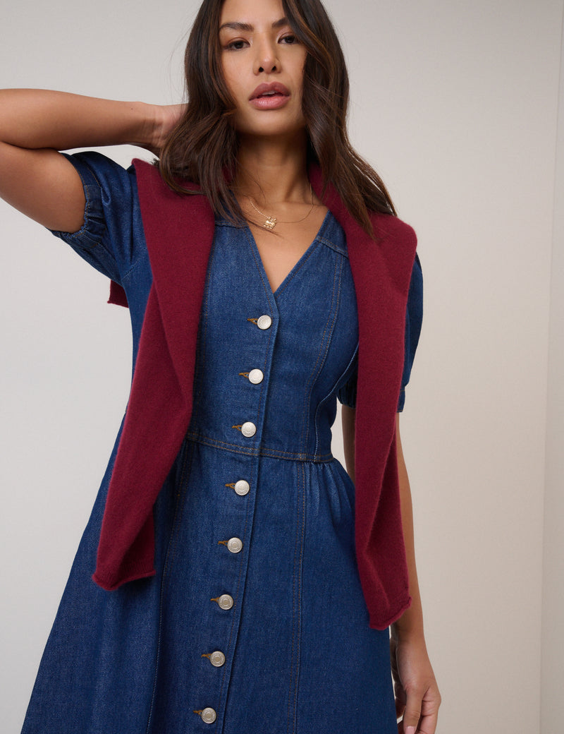 Blue Denim Puff Sleeve Sienna Midi Dress