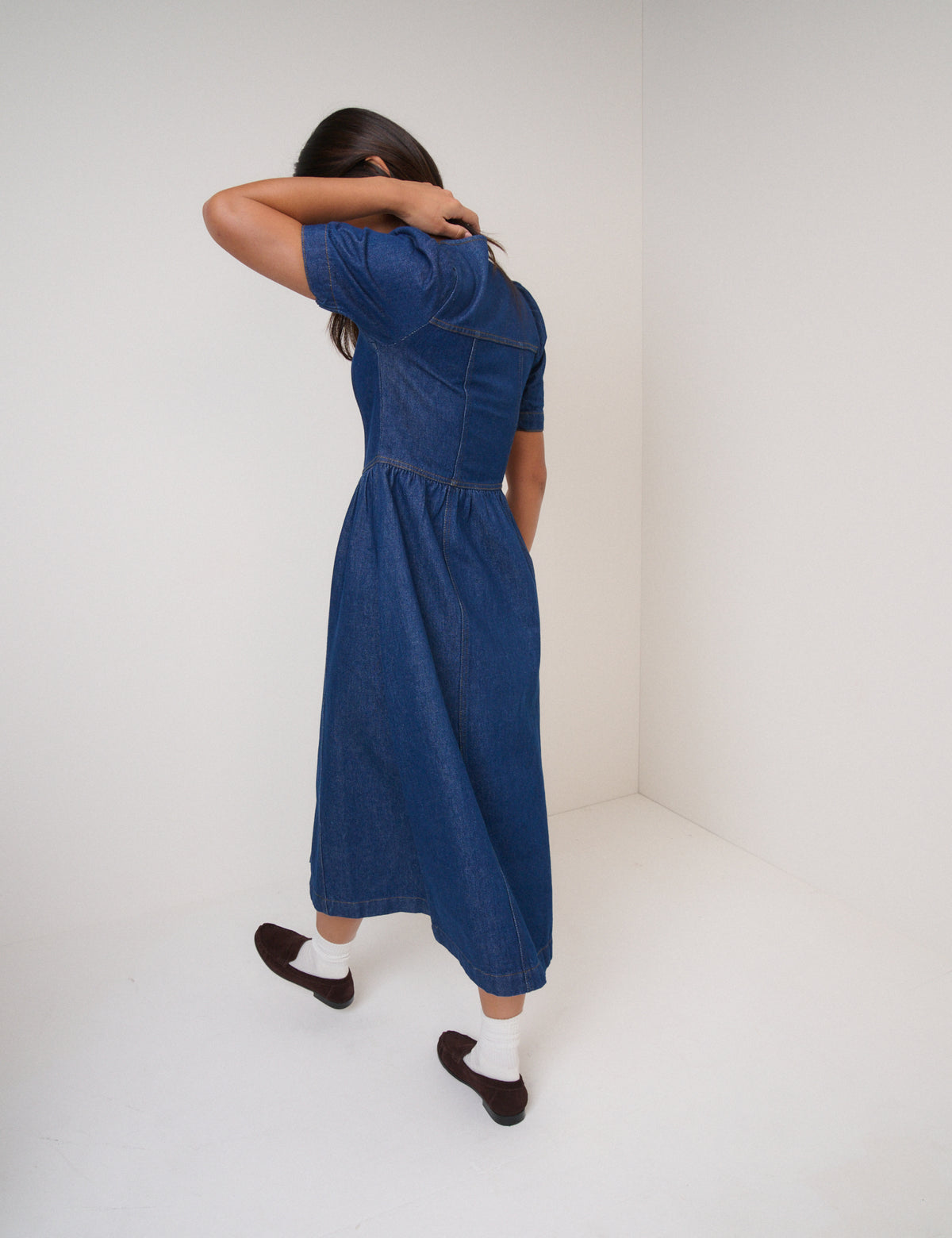 Blue Denim Puff Sleeve Sienna Midi Dress
