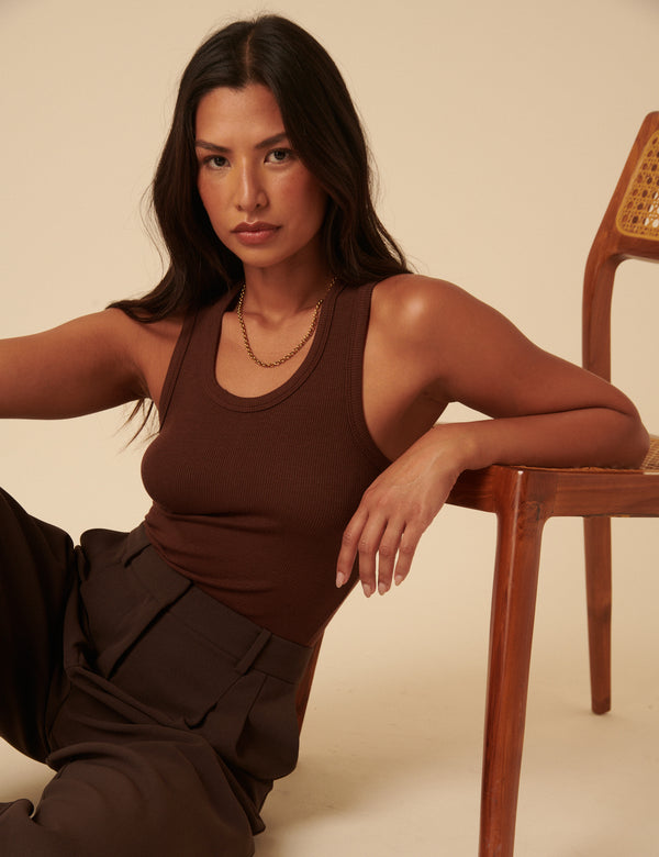 Brown Ribbed Vest Top