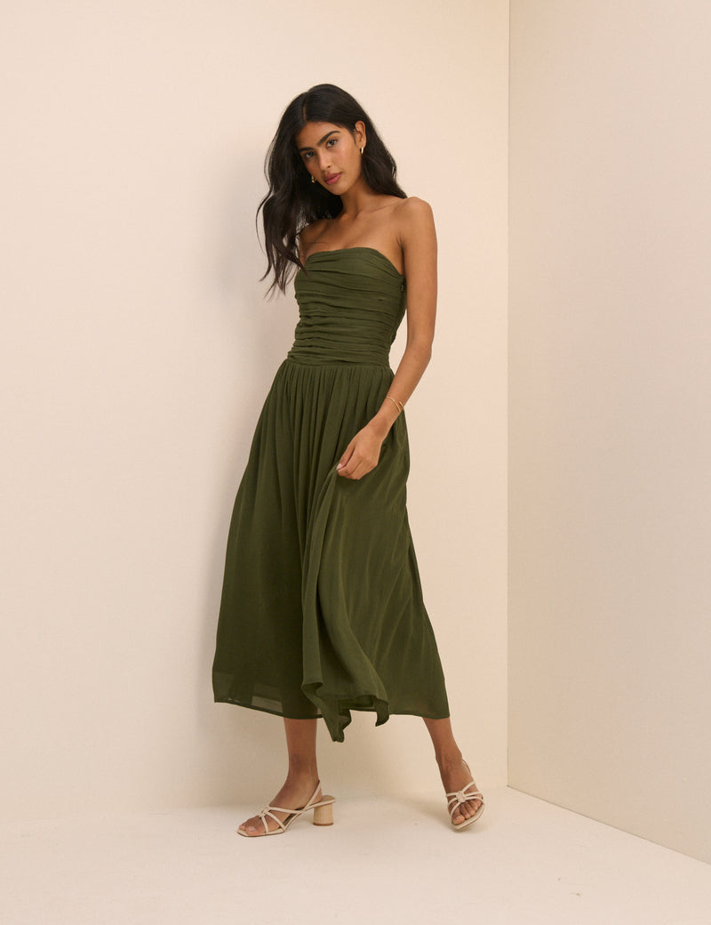 Khaki Green Bandeau Alice Midi Dress