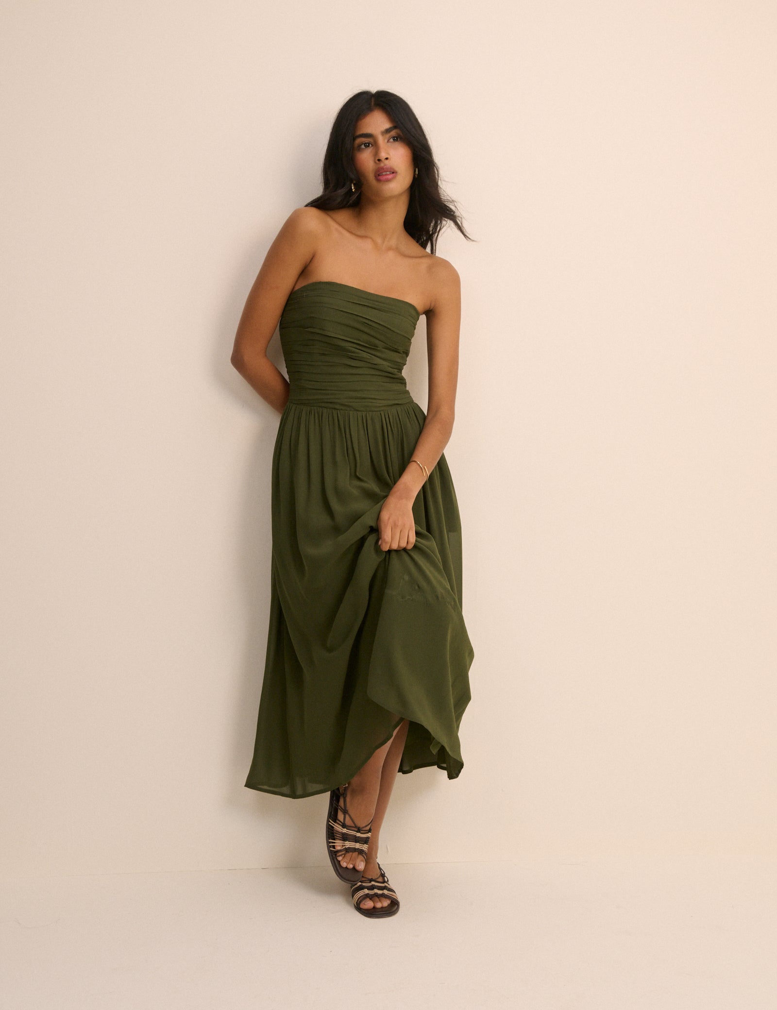 Khaki Green Bandeau Alice Midi Dress