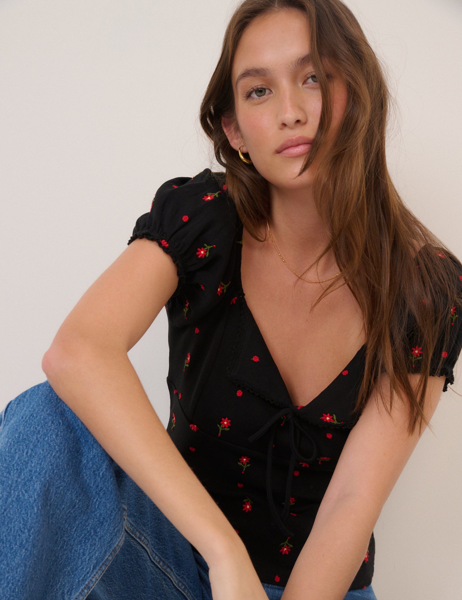 Black Floral Embroidered Milkmaid Top
