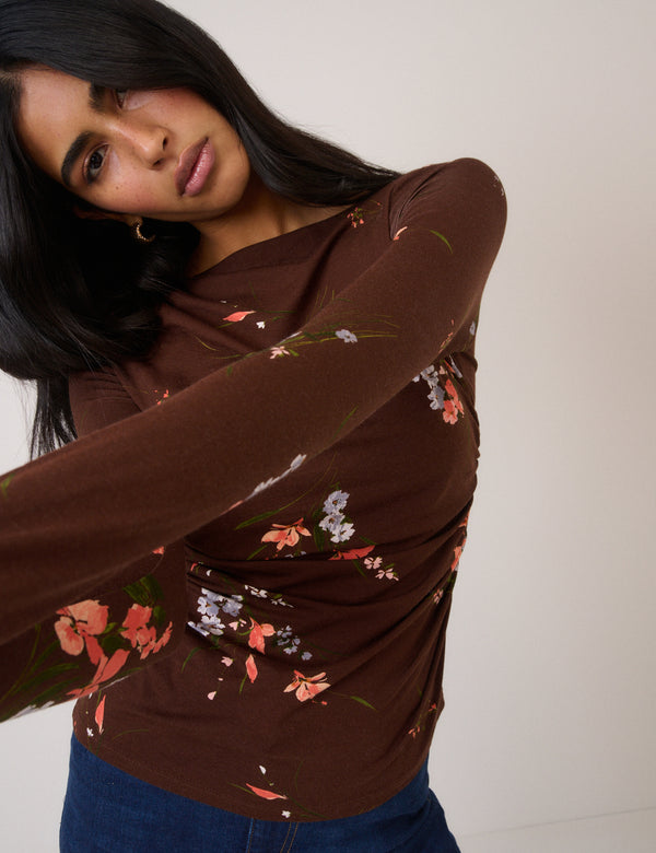 Brown Floral Jersey Top
