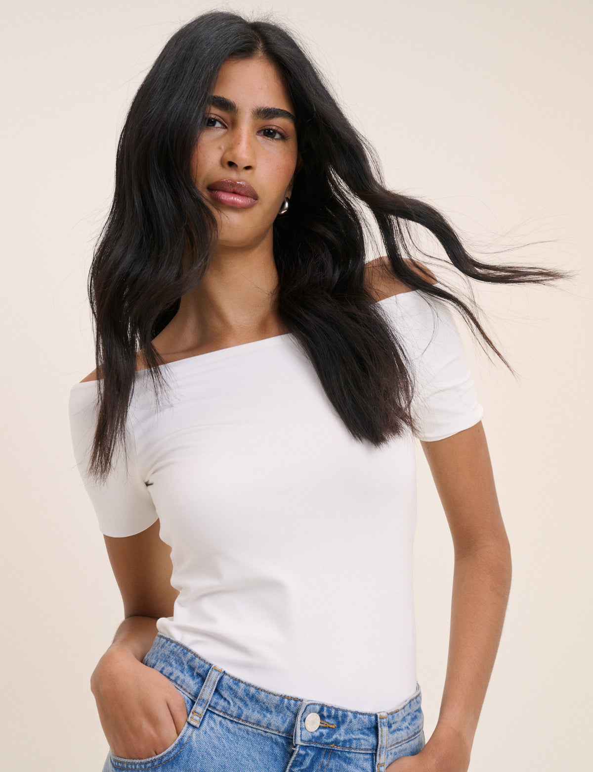 White Bardot Short Sleeve Top