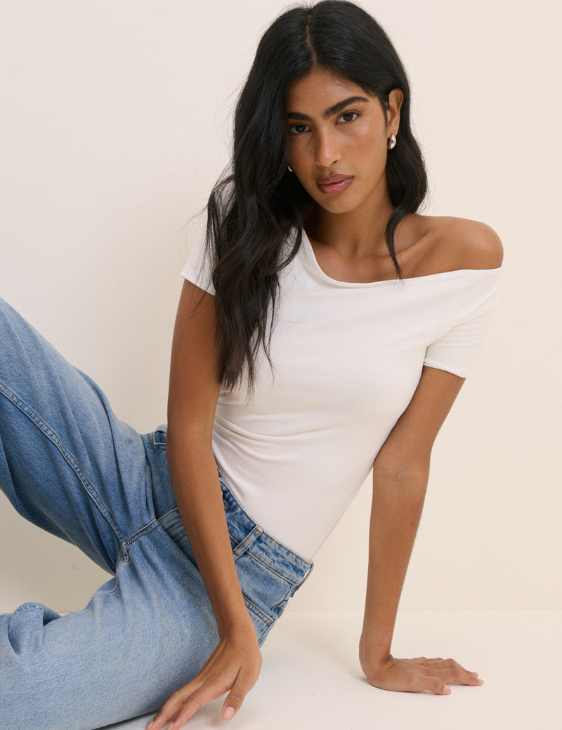 White Bardot Short Sleeve Top