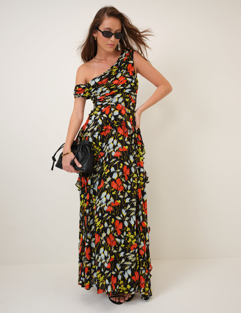 Asymmetrical Neckline Ruffle Trim Tish Maxi Dress