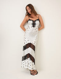 Black and White Polka Dot Lace Trim Satin Lauren Maxi Dress