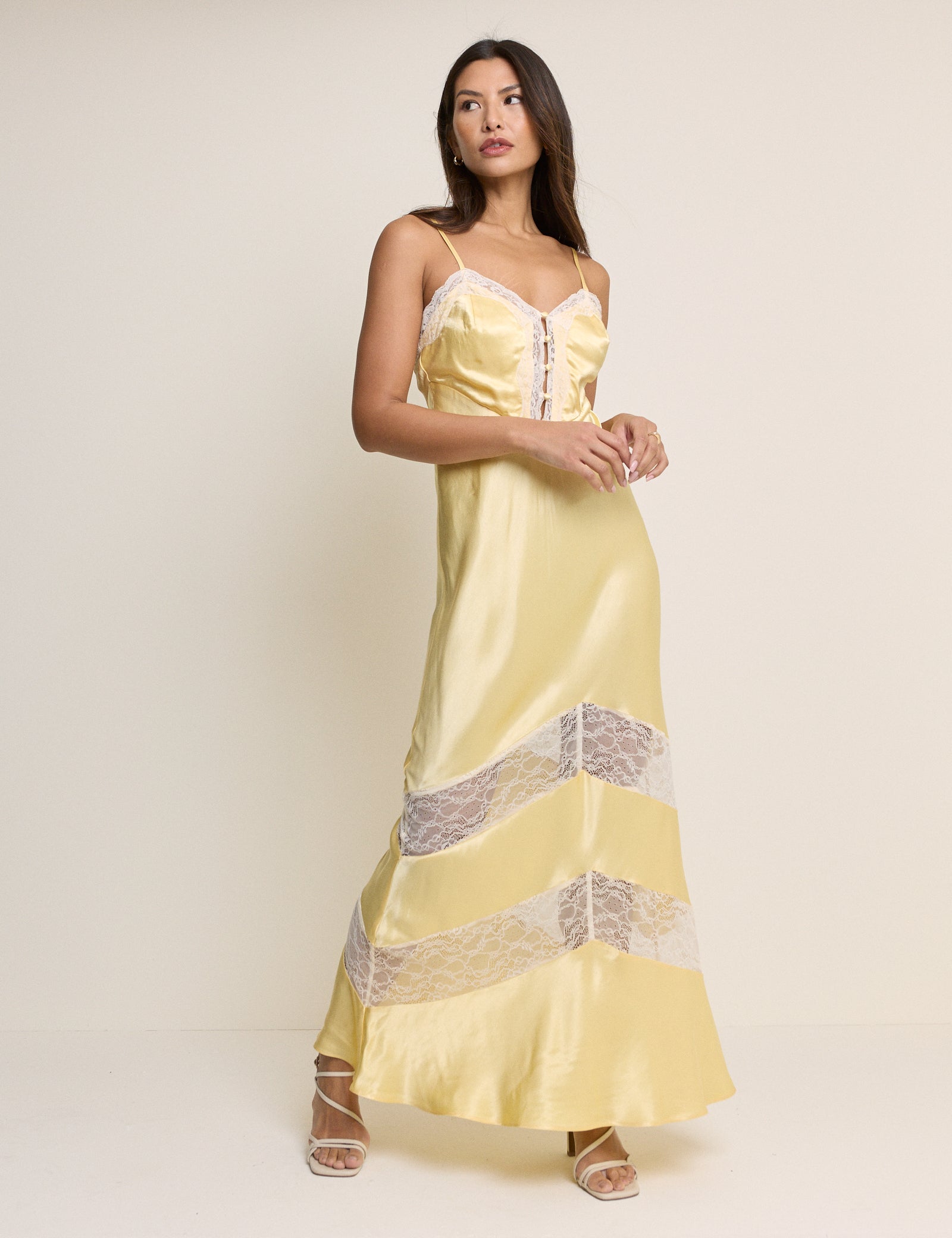 Yellow Lace Trim Satin Lauren Maxi Dress