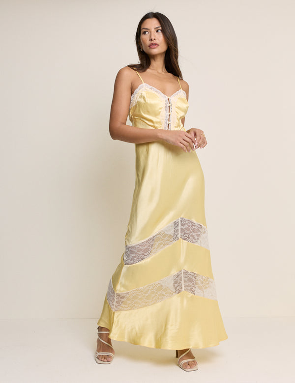 Yellow Lace Trim Satin Lauren Maxi Dress