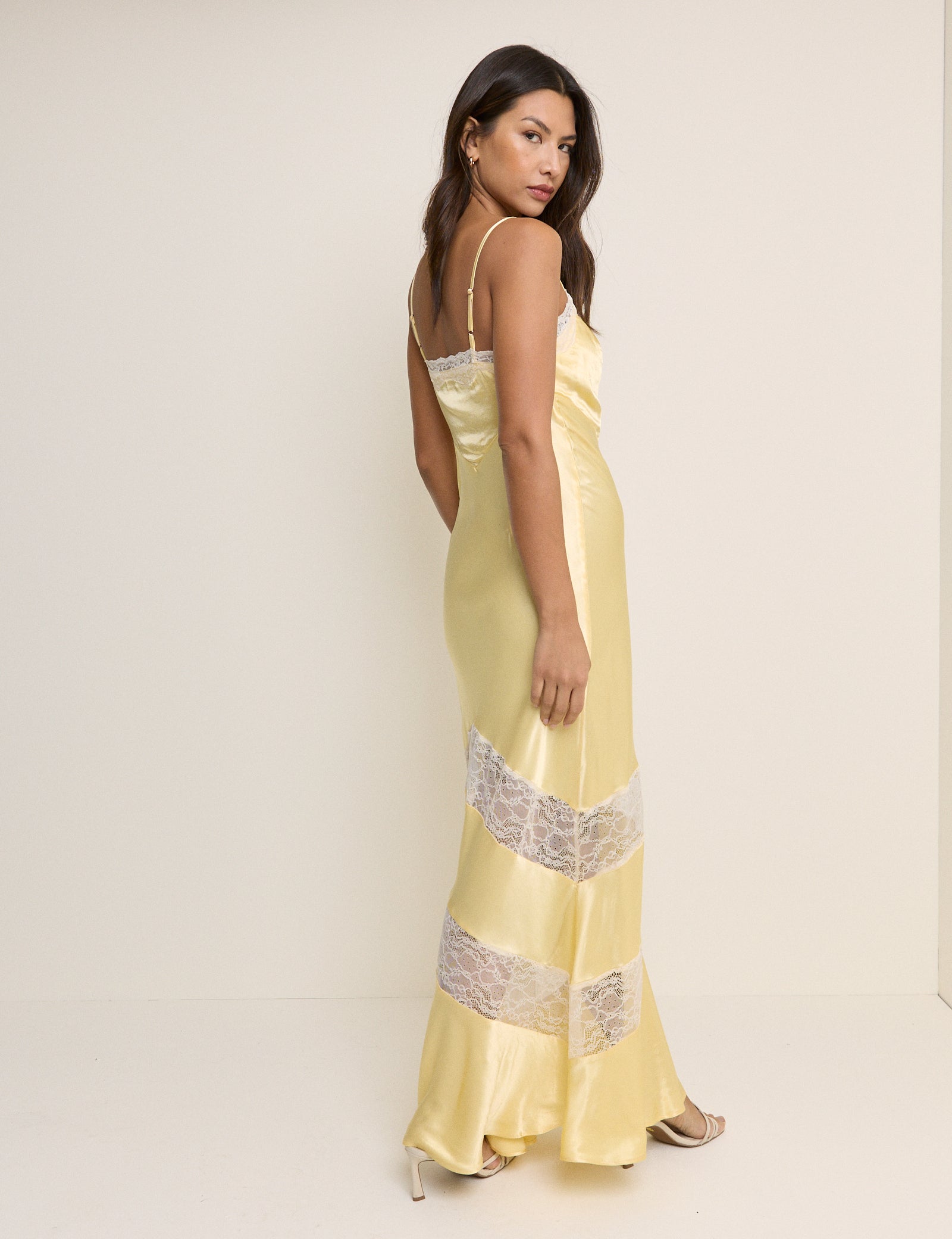 Yellow Lace Trim Satin Lauren Maxi Dress