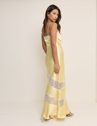 Yellow Lace Trim Satin Lauren Maxi Dress