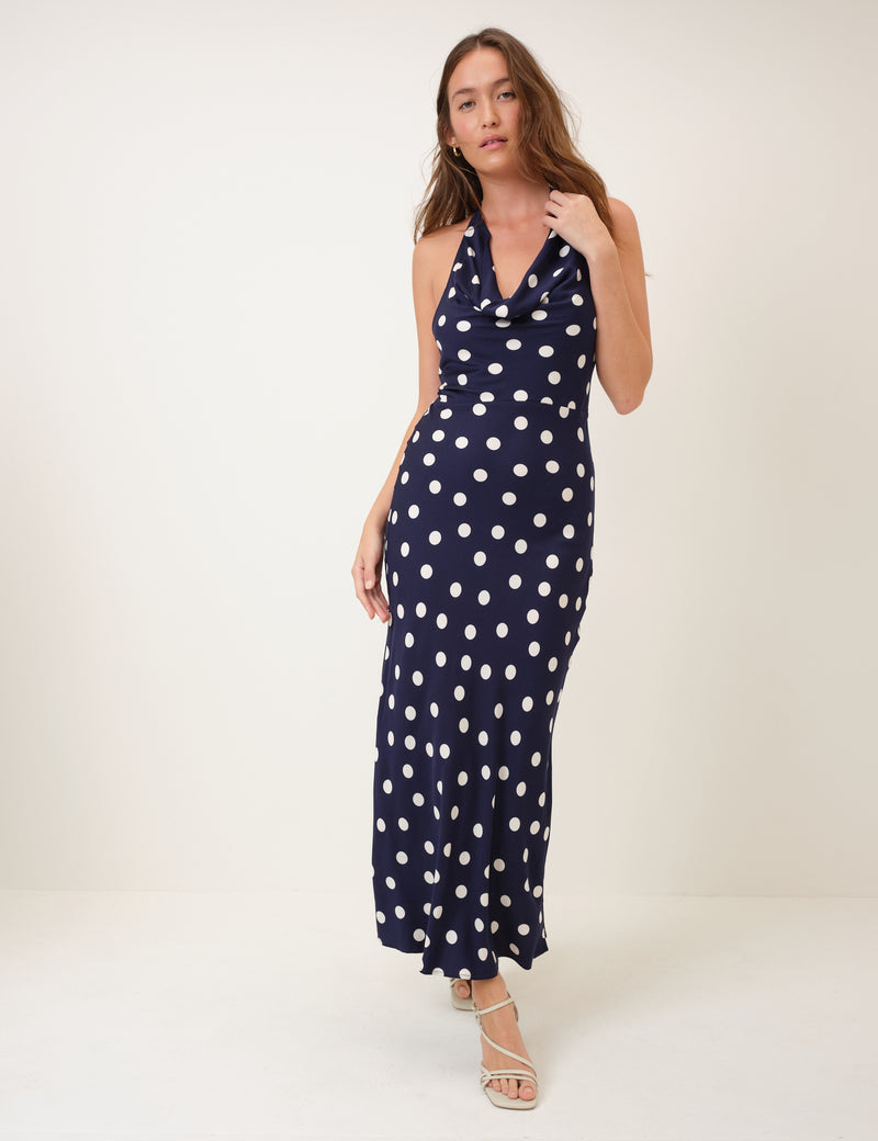 Navy Polka Dot Cowl Halterneck Dolly Maxi Dress
