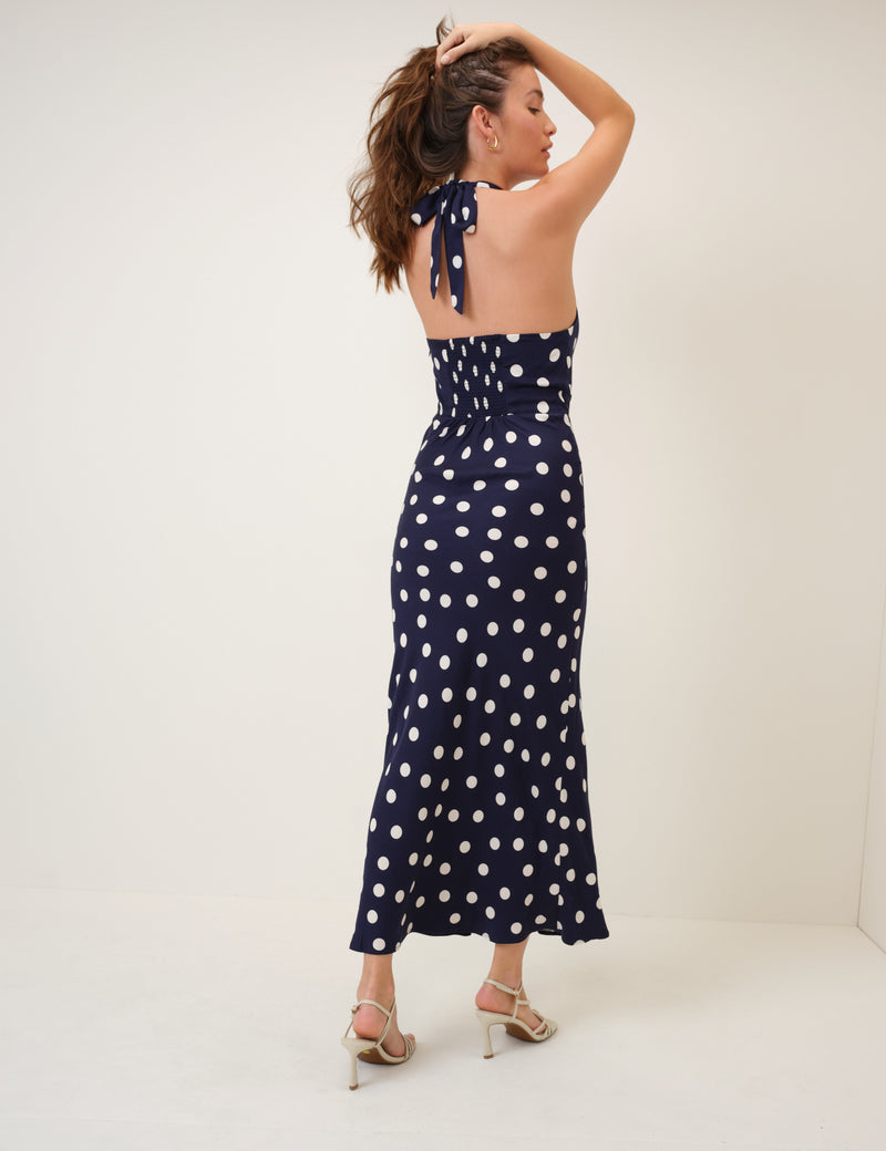 Navy Polka Dot Cowl Halterneck Dolly Maxi Dress